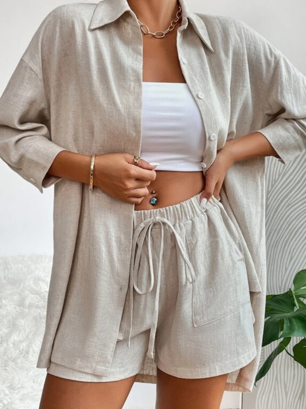 SHEIN PETITE Drop Shoulder Longline Blouse & Drawstring Waist Shorts Medium 🌸
